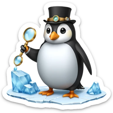 a steampunk engineer penguin analysing a matrix-like data stream descending from the sky, with a magnifying glass on top of an iceberg sticker