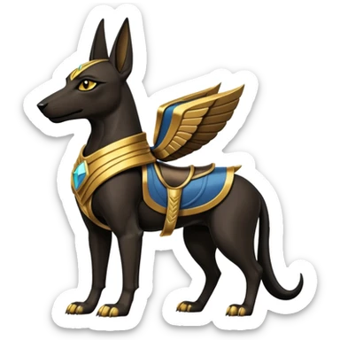 Ancient style saddled superhero avenger four-legged casually adorned black skinned anubis canine casually posed  sticker