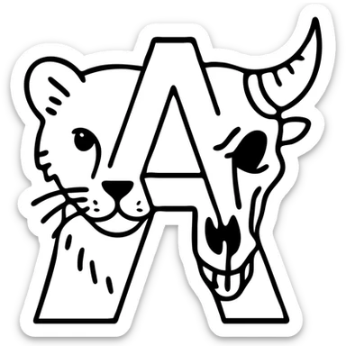 a red minimalist icon with sophisticated line art, left half showing stoat face with precise detailed fur lines, right half showing minotaur skull with intricate bone texture and broken horn, negative space in middle forms letter A, sparse overall but with high-quality detailed lines sticker