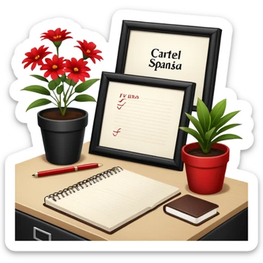 Cartel en español que diga F U E R A    D E    O F I C I N A y detrás un escritorio moderno, con una notebook, una agenda y una planta con una flor sticker