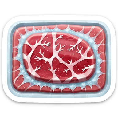 single raw meat cut steak or filet wrapped in thin layer of frosty plastic film with visible ice crystals slightly opaque surface pink to red meat with subtle marbling stiff edges frozen solid no tray no label no extras soft lighting subtle shadows emoji scale sticker