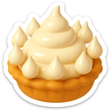 Frame 9 of 15: Cream pie with eight cream droplets, playful 3D emoji style, golden brown crust, same angle as reference sticker