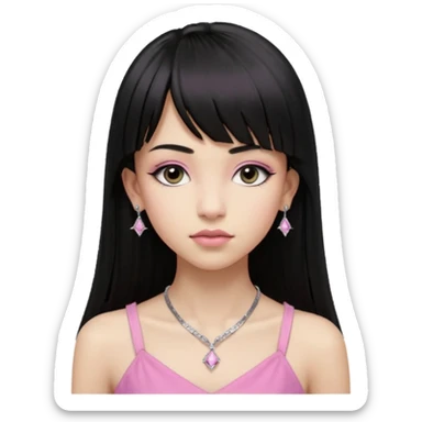 Cabelos pretos longos lisos ,com franja curvada .olhos pretos puxadinho para cima. Cílios longos curvados. Pele clara ,nariz pequeno ,lábios carnudos ,adolescente 16 anos ,vestido rosa de alça, colar pequeno prata ,brinco de diamante pequeno  sticker