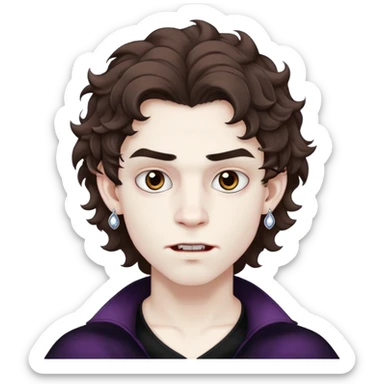 vampire teen boy with pure white skin, wavy medium brown fluffy hair, eyebrown piercing and zirconia earrings sticker