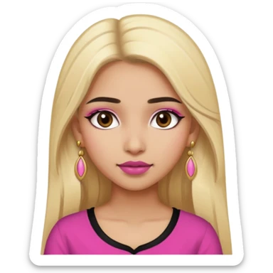 Sweet Indian girl blond long hair darkbrowm eyes brown/pink lipstick pink blush black top gold earrings brown eyebrows  sticker