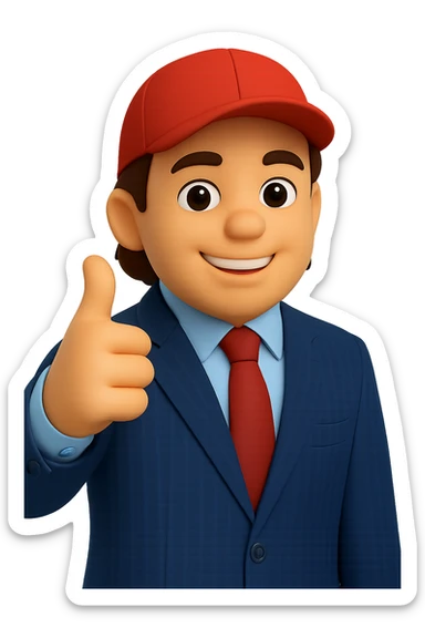 Convert the image of a smiling man in a pinstripe suit and red cap giving a thumbs up to a 3D emoji style similar to Apple or Microsoft emojis. Maintain the white skin tone and transparent background. The style should reflect the smooth, polished, and slightly rounded characteristics of 3D emojis from Apple or Microsoft. sticker