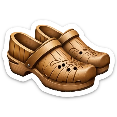Cinematic Realistic Wooden Clogs Emoji, depicted as a pair of traditionally carved weathered wooden clogs with intricate details and rustic charm, rendered with rich textures and warm natural lighting that captures their cultural heritage. sticker