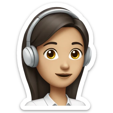 girl with long, straight dark brown hair,  dark brown eyes, with white elegant shirt, wearing a headset sticker