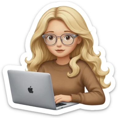 blonde girl with long dark blonde wavy hair, pantos-style glasses, a brown sweater, sitting and looking in laptop, soft pastel, upper body shot sticker
