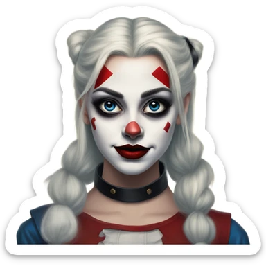 Dalahäst in Harley Quinn style, oil paint, mysterious eyes, intricate lips, masterpiece portrait, odd perspective, beautiful, desirable, logical sticker
