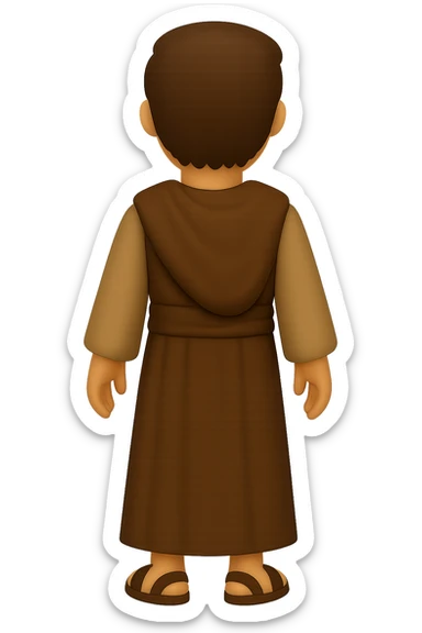 Edit the image to show a back view, centered full body, facing away, in classic emoji style. Depict apostle Peter with short hair, no hood, arms down by sides, smiling, wearing long sleeve brown clothes with beige details and a cape. No background. sticker
