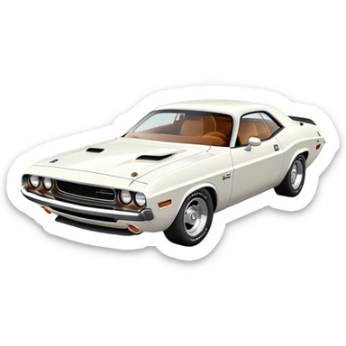 White 1971 Dodge Challenger with consistent proportions, accurate three-quarter view at 30 degrees, showing front grille, headlights and side profile in correct perspective, all white, iOS emoji style sticker