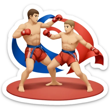 An icon symbolizing Sambo, with two fighters in a dynamic grappling stance. One is attempting a throw, while the other defends. The background features a wrestling mat and subtle elements of Russian martial arts culture. Transparent background highlights the power and strategy of the sport sticker