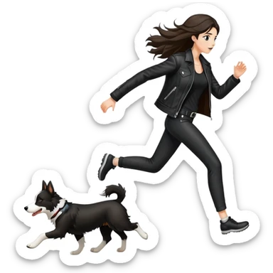 A beautiful tall girl with fair skin and long hair wearing a black leather jacket and black pants running with a Border Collie sticker