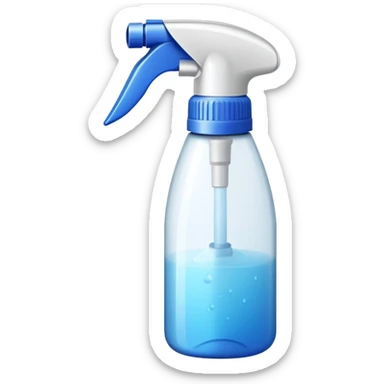 An emoji of a spray bottle actively spraying mist. A fine mist of tiny particles is visible in the air as the nozzle releases the spray. Can resemble a perfume, cologne, or cleaning product. Transparent bottle with a trigger or press nozzle, slightly tilted while spraying sticker