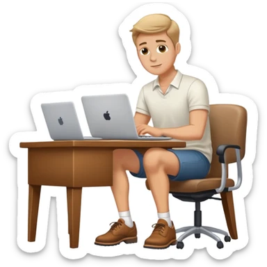 white Guy wearing shoes, sitting at desk working on a laptop  sticker