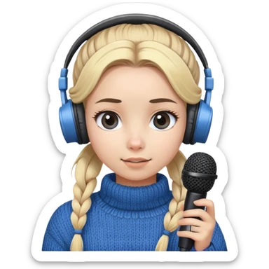 a cute face girl have bright white skin with blue knitwear with a blonde hair
bun and her job is a podcaster (recording
microphone in front of her not held and a
headphone in her head) sticker