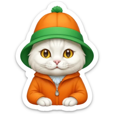 white cat with orange coat and green hat that says 'I'm cat', emoji style variation 4 sticker