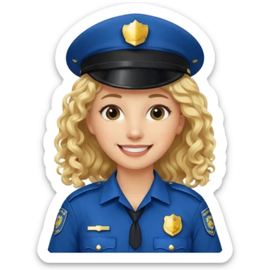 Female POLICE IN blue, long blonde curly hair, happy smile sticker