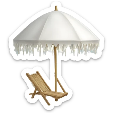 White beach umbrella with short white tassels and a straight wooden pole sticker