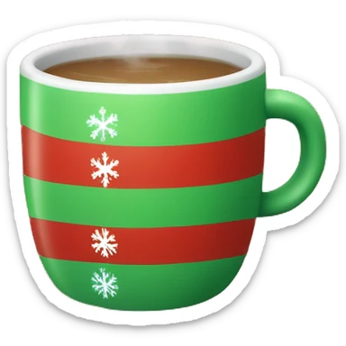 mugs with a hot drink decorated with snowflakes or a striped caramel stick. Steam rises from the mug in the shape of hearts. The color of the mug is warm red or green to convey the New Year mood sticker