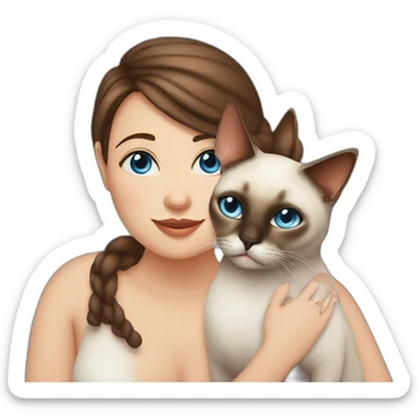 Blue-eyed fat girl with brown hair with siamese cat and miniature pincher sticker