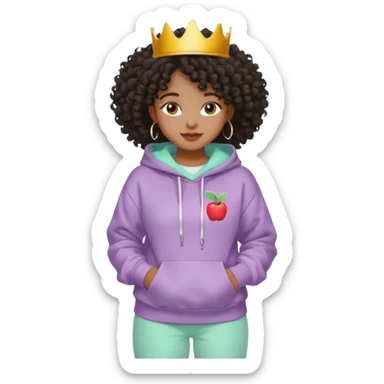 Black girl, clean girl aesthetic, 4C curly hair in a puff, pastel hoodie, white sneakers, minimal jewelry, soft smile, cozy vibe, bright colors, Apple-style emoji cru sticker