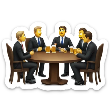 a business meeting of serious businessmen in suits at a round table, drinking beer. sticker