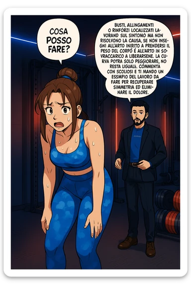 ispirati a questo stile di disegno e fai questa immagine in versione manga/webtoon a colori, il manga mostra la donna preoccupata che chiede: "COSA POSSO FARE?" E L'UOMO CHE RISPONDE: Busti, allungamenti o rinforzi localizzati lavorano sul sintomo ma non risolvono la causa. Se non insegni all’arto inibito a prendersi il peso del corpo e all’arto in sovraccarico a liberarsene, la curva potrà solo peggiorare; non resta uguale. Commenta con scoliosi e ti mando un esempio del lavoro da fare per recuperare simmetria ed eliminare il dolore. sticker