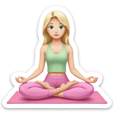 blonde long hair and green eyes yoga beautiful girl in light pink pink pink clothes sitting on a yoga mat sticker