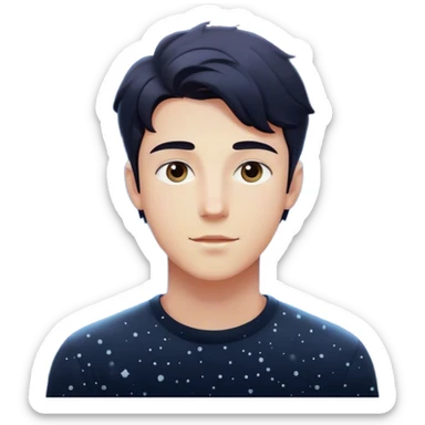 Each particle represents his personal universe. He reaches out, touching one, knowing that everything he does stays in this space forever. universe around him. A young man in a vast, dark starry universe, surrounded by floating particles of light space.  sticker