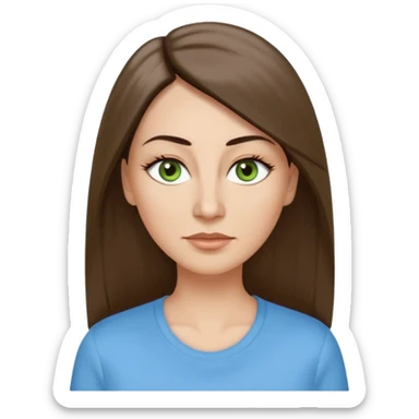 43. year old Adult woman avatar, light skin tone, long, oval face, long straight ashy brown hair, green almond-shaped eyes with dramatic eyelashes and minimal eyeliner, neutral mouth, medium straight eyebrows, small nose, smooth skin, sky blue shirt sticker