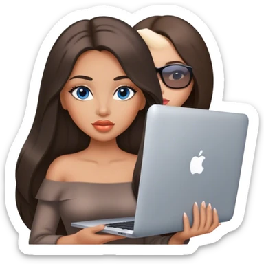 Glamours tanned very beautiful girl with big pump peach lips and dark straight smooth silky long hair, blue-grey eyes with MacBook sticker