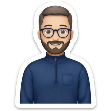 Fair-skinned broader man with oval face, very tight haircut (almost shaved on top, faded sides), short salt and pepper beard, big black-rimmed glasses, friendly smile, navy blue quarter-zip sweatshirt with long sleeves sticker