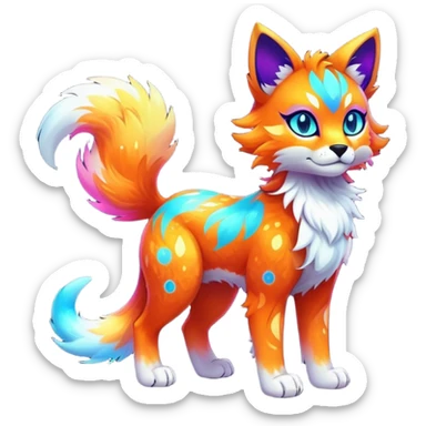 Vibrant multicolored neon-colored Falvie-Fionbri-creature-sparkle-feline-canine-hybrid-fursona, full body, fur pattern-markings sticker