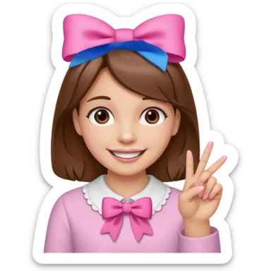 Chica con pelo marron sonriendo con un lazo rosa en la cabeza y con la punta del dedo indice entre los dientes con delicadeza y la otra mano que no salga en el emoji sticker