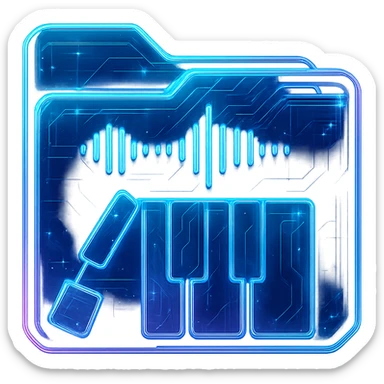 Transform the Polyphone logo into a cyberpunk, holographic style with glowing neon blue and pink edges. Add intricate circuit patterns throughout the entire icon, maintaining the recognizable keyboard and waveform design. Overlay neon and circuit effects in a futuristic, clean style consistent with cyberpunk glow and intricate circuit details. The background should be transparent to highlight the holographic and neon effects. sticker