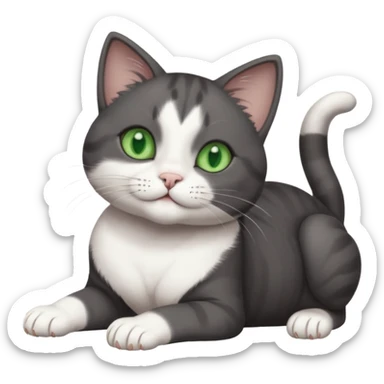 beautiful female solid dark grey cat with green eyes, white toes/paws and white patch on her chest rolling upside down sticker