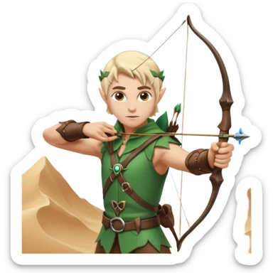 elf male archer aiming at target, summer leather gear, bow, pointy ears, determined look, sand dune backdrop, centered emoji sticker