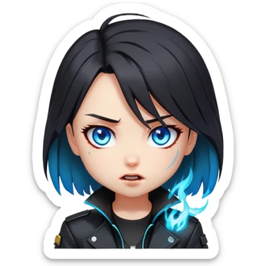 Black hair cyberpunk 2077 chibi girl with blazing blue eyes and black jacket. All emotion reactions sticker