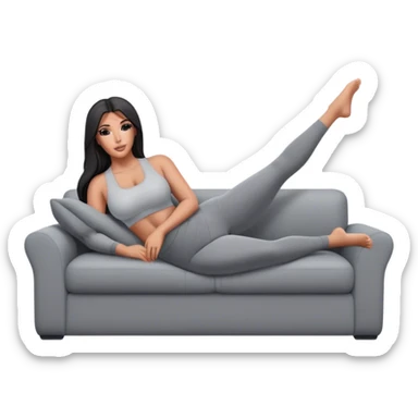 hyper-realistic kim kardashian in gray yoga pants lie on couch comfy sticker