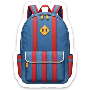  blue denim backpack with red, white, and navy stripes, similar to a Tommy Jeans design. Minimalistic, cartoon-like, front-facing."
 sticker
