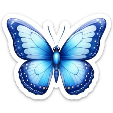 Cinematic Realistic Cute Blue Butterfly Portrait Emoji, Head tilted playfully and inquisitively, featuring beautifully patterned sapphire wings with intricate venation and a charming, petite body with round, sparkling eyes full of gentle curiosity, rendered with lifelike detail and warm natural highlights, high shine, affectionate and spirited, styled with a touch of whimsical garden magic, soft glowing outline, capturing the essence of a mischievous yet lovable blue butterfly that seems ready to flutter playfully into your arms! sticker
