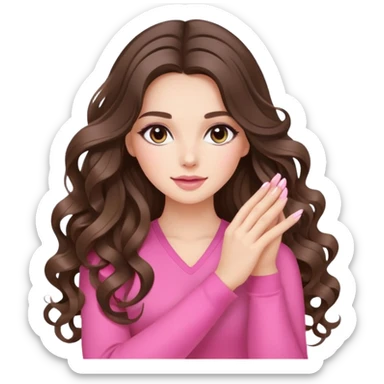 beautiful brunette with a light balayage white girl with nice defined loose and long curls , very long hair, clean girl makeup STRETCHING WITH PINK SET ON sticker