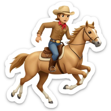 palomino horse running with a rider with brown hair and a cowboy hat sticker