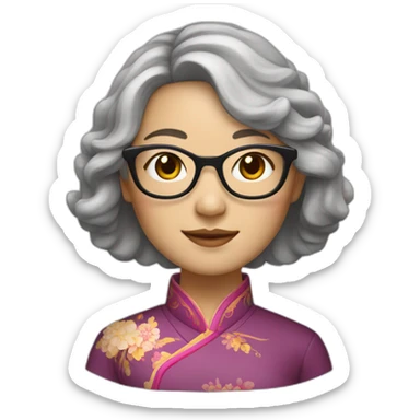Chinese lady with shoulder length very lightly grey waves hair wear glasses with Chinese dress sticker