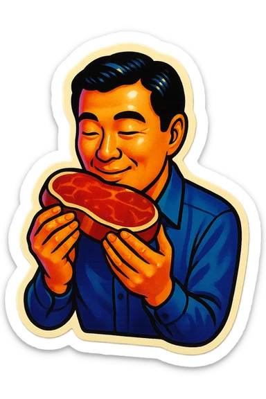 A Japanese man with a loving look holds a steak in his hands, preparing to eat it sticker