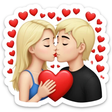 Couple of blonde girl and boy with black hair and fair skin is kissing with a lot of hearts around them sticker