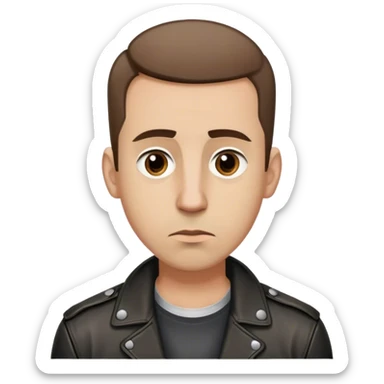 Man in his thirties. Shaved short brown hair, Big brown eyes, eyes slighly sad, wearing a leather jacket and a necklace, Big nose. sticker