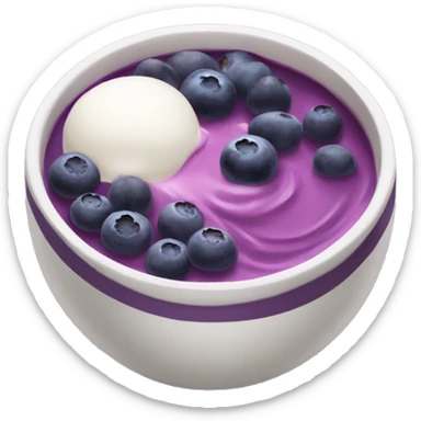 vertical view of bowl with purple yogurt and blueberries and acai sticker